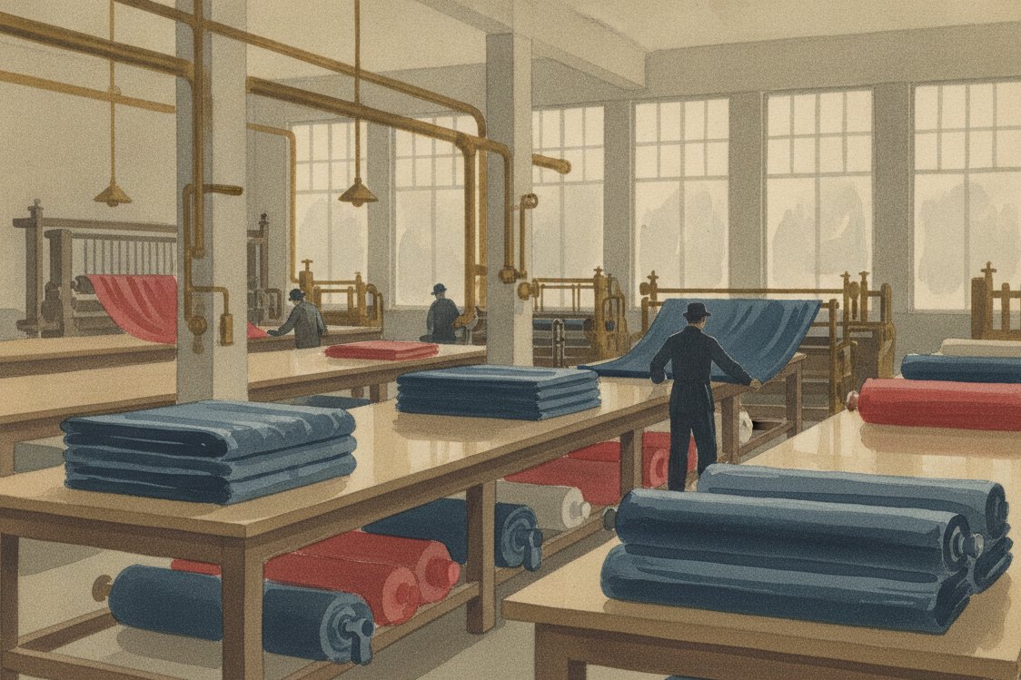Illustration: a 1920s textile finishing room, bolts of lustrous satin-finish cloth catching the light on long wooden tables, a worker at a distance unrolling a length to inspect it, frosted factory windows and brass fittings