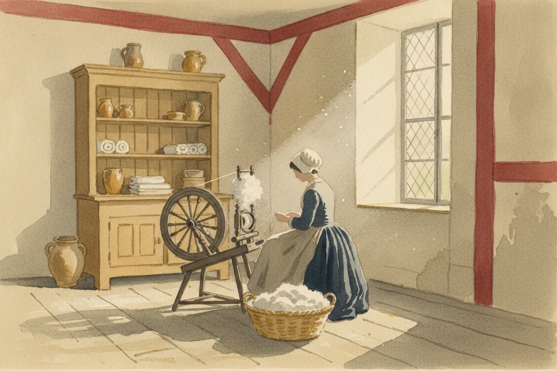 Illustration: a cottage spinning room in eighteenth-century France, a shallow basket of fluffy white Angora rabbit wool beside a spinning wheel near a bright window, a wooden hutch in the corner, a spinner seen from behind