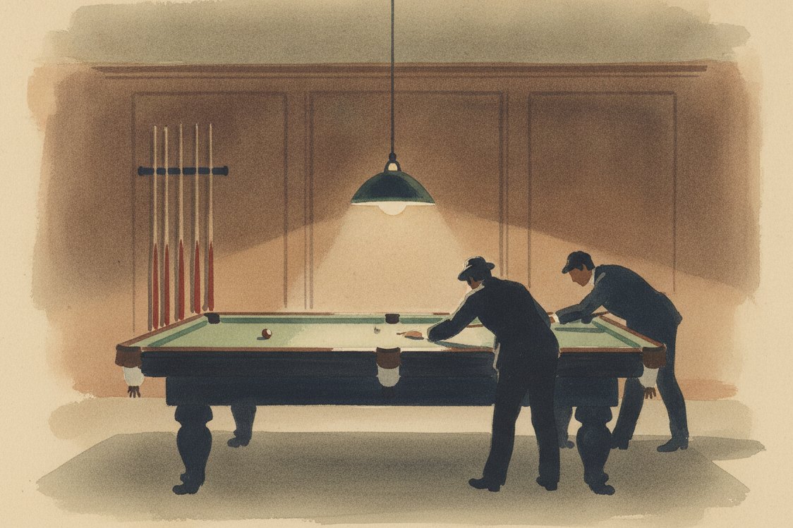 Illustration: a Victorian billiard room, a green baize table glowing under a low hanging lamp, cues racked on the panelled wall, two players as distant silhouettes leaning over the cloth in the gloom