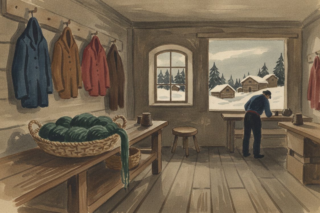 Illustration: an Alpine tailor workshop in the Tyrol, dense felted wool jackets hanging on wooden pegs, a basket of green wool on the bench, snow and timber chalets through the small window, a tailor at a distance