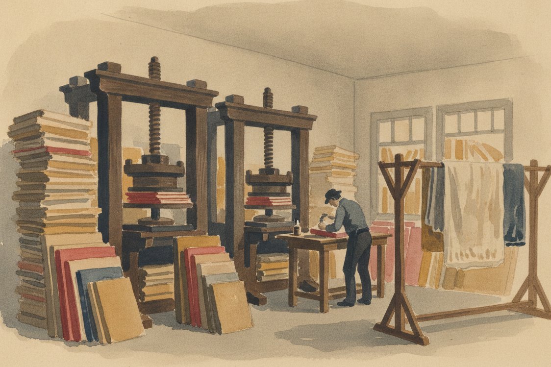 Illustration: a Victorian bookbindery, tall presses and stacks of cloth-bound boards, a binder at a distance gluing a spine, sized cloth drying on a rack