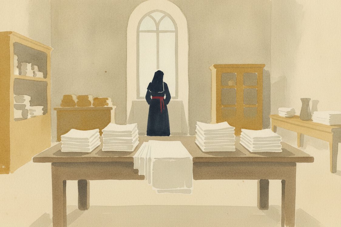 Illustration: a convent linen room, neat stacks of folded white handkerchief linen on a scrubbed table, a nun at a distance by a window, cool pale light