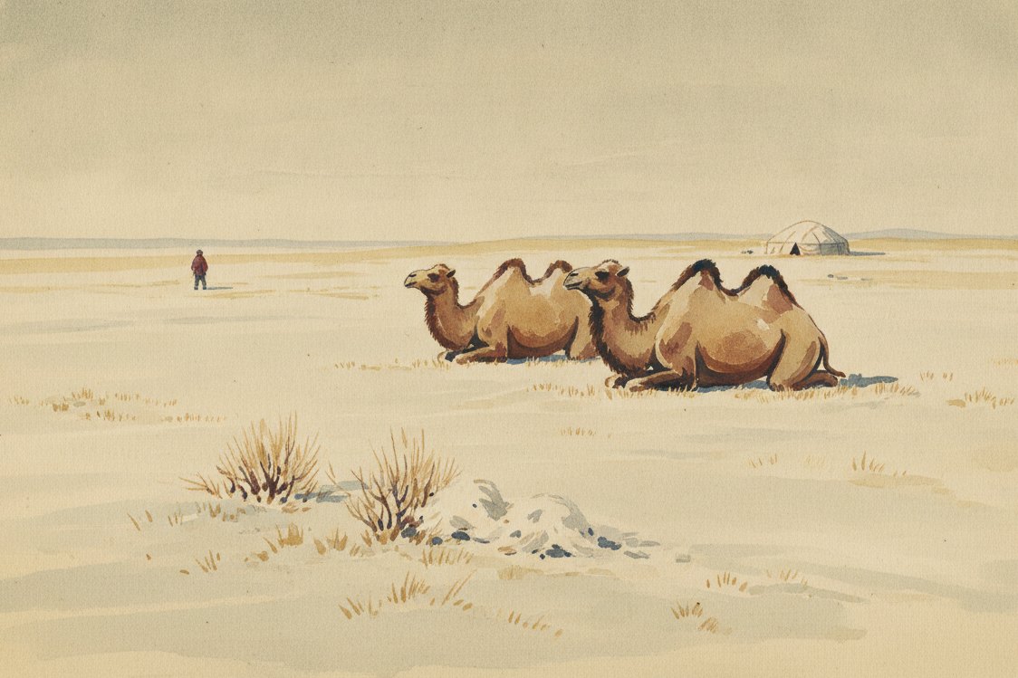 Illustration: a string of two-humped Bactrian camels resting on the Mongolian steppe in spring, tufts of shed down caught on low scrub nearby, a herder at a distance, vast pale grassland and a low felt tent on the horizon