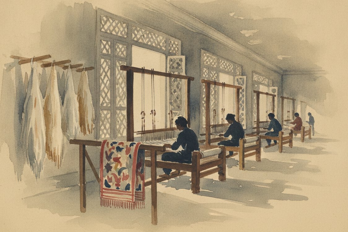 Illustration: a Kashmiri shawl weavers workshop in Srinagar in the early 1800s, low wooden looms along a wall of carved lattice windows, skeins of fine pale goat down hanging to one side, a finished shawl folded over a rail, weavers as distant turned silhouettes