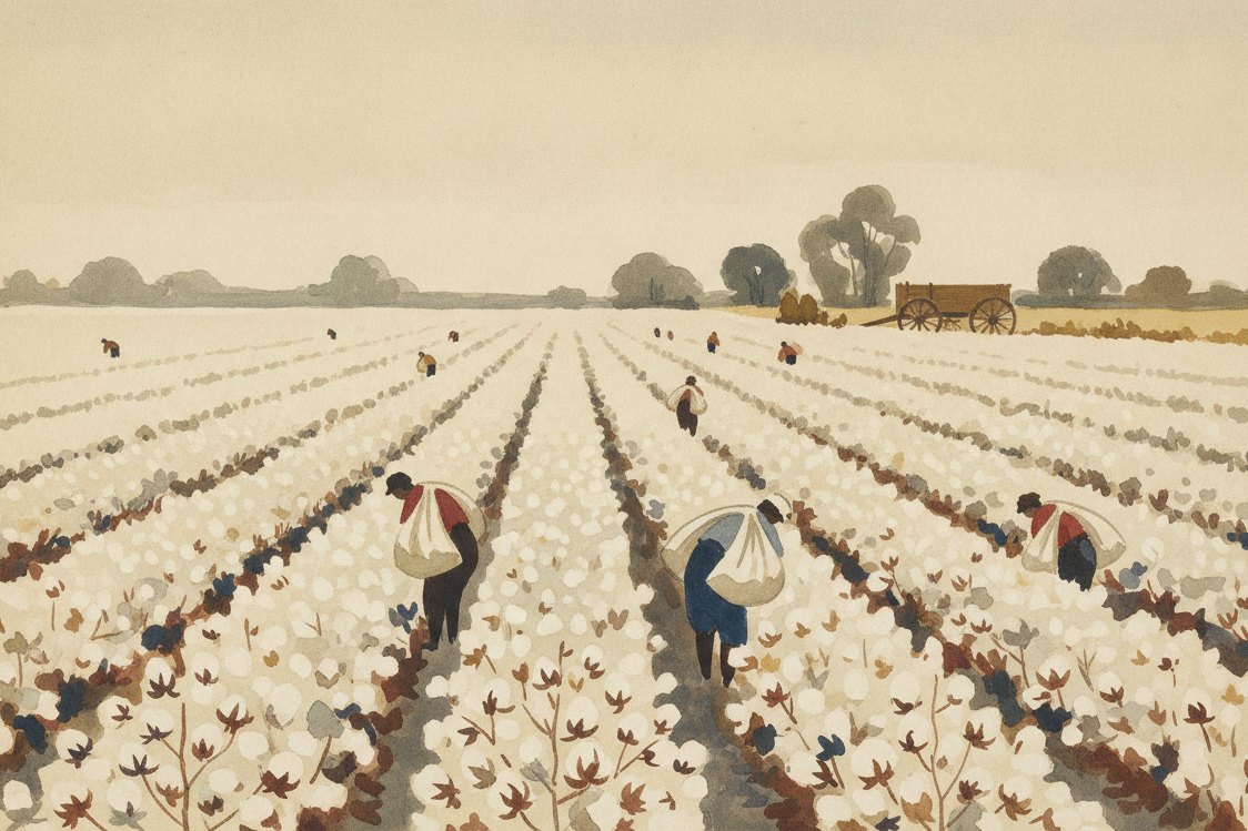 Illustration: rows of cotton plants in full white boll stretching across a wide field at harvest, pickers as small distant figures with long sacks, a wooden wagon at the field edge, hazy heat and a pale sky
