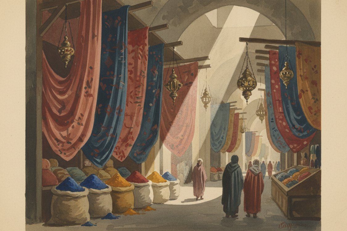 Illustration: a silk merchant's stall in a vaulted Damascus market in the middle ages, lengths of figured cloth catching a single shaft of light, brass lamps, sacks of dyestuff