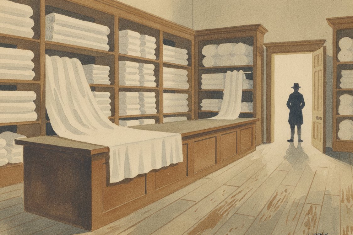 Illustration: a draper's shop in Georgian England, bolts of fine white corded cotton stacked on the shelves, a length unrolled across the wooden counter, a shopkeeper at a distance in the doorway light