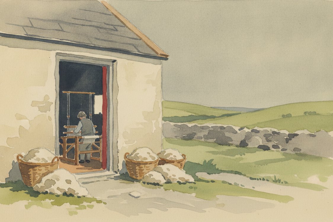 Illustration: a Donegal cottage doorway in Ireland, a weaver at a distance at a loom inside, baskets of flecked wool, a stone wall and green hills under grey sky