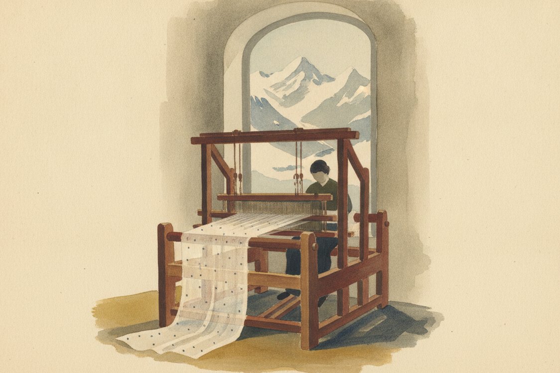 Illustration: a fine cotton weaving workshop in an Alpine Swiss town in the 1800s, a hand loom by a tall window with a length of sheer dotted cotton on the beam, snow peaks through the glass, a weaver seen from behind