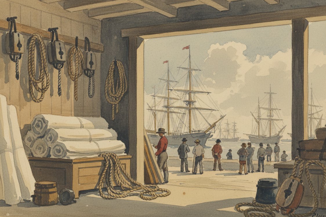 Illustration: a ship chandlery on a wharf, heavy bolts of pale sailcloth, coiled rope and block tackle, masts beyond the open door