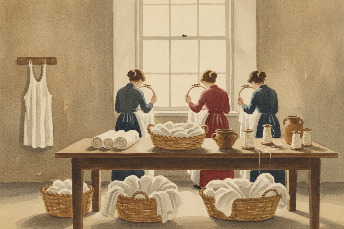 Illustration: a whitework embroidery room in an English market town in the 1860s, women bent over wooden embroidery hoops near a bright window, baskets of white cotton cloth and spools of thread on a long table, a pinafore hung to one side, figures small and turned away