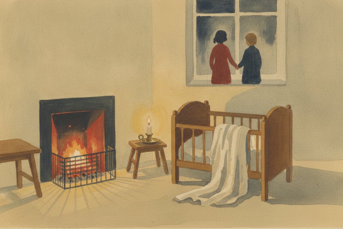 Illustration: a 1900s nursery at night, soft brushed-cotton nightclothes folded on a cot, a guarded hearth, a candle, warm low light