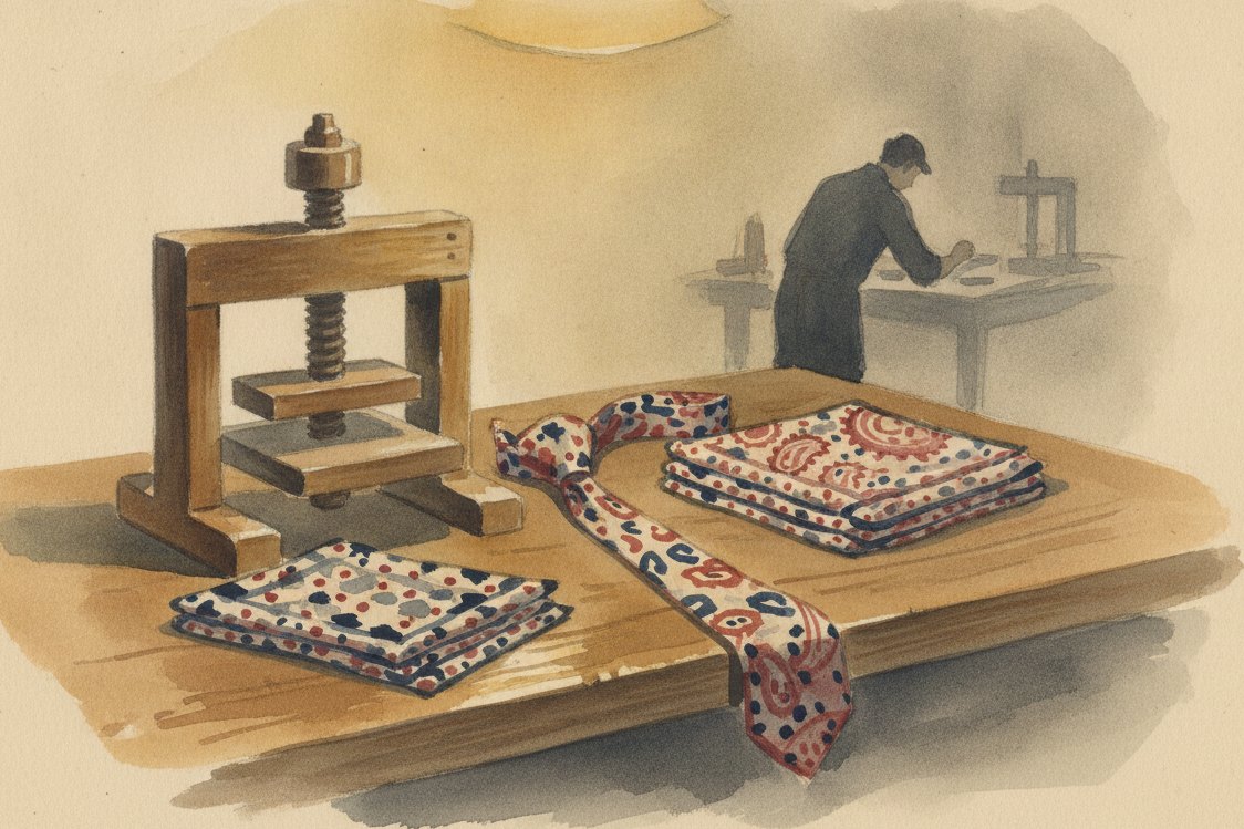 Illustration: a gentlemens necktie cutters bench, folded printed silk squares and a half-made tie, a wooden press, warm lamp light