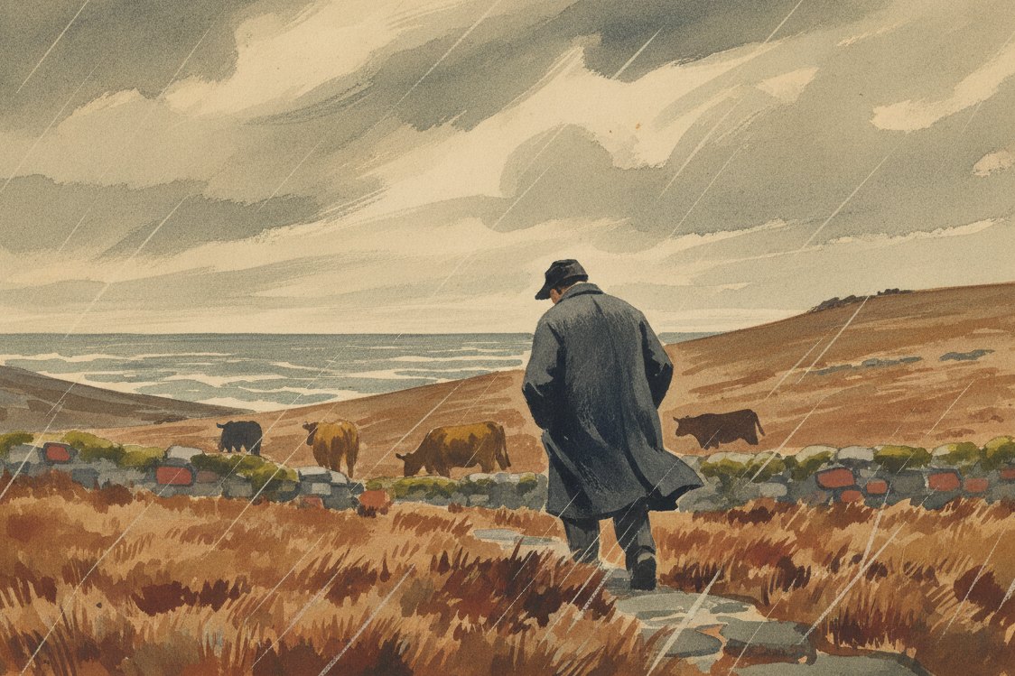 Illustration: a drover in a heavy frieze greatcoat seen from behind on a rain-swept Irish hillside, a few cattle and a low stone wall, grey cloud and wet bracken stretching to the sea