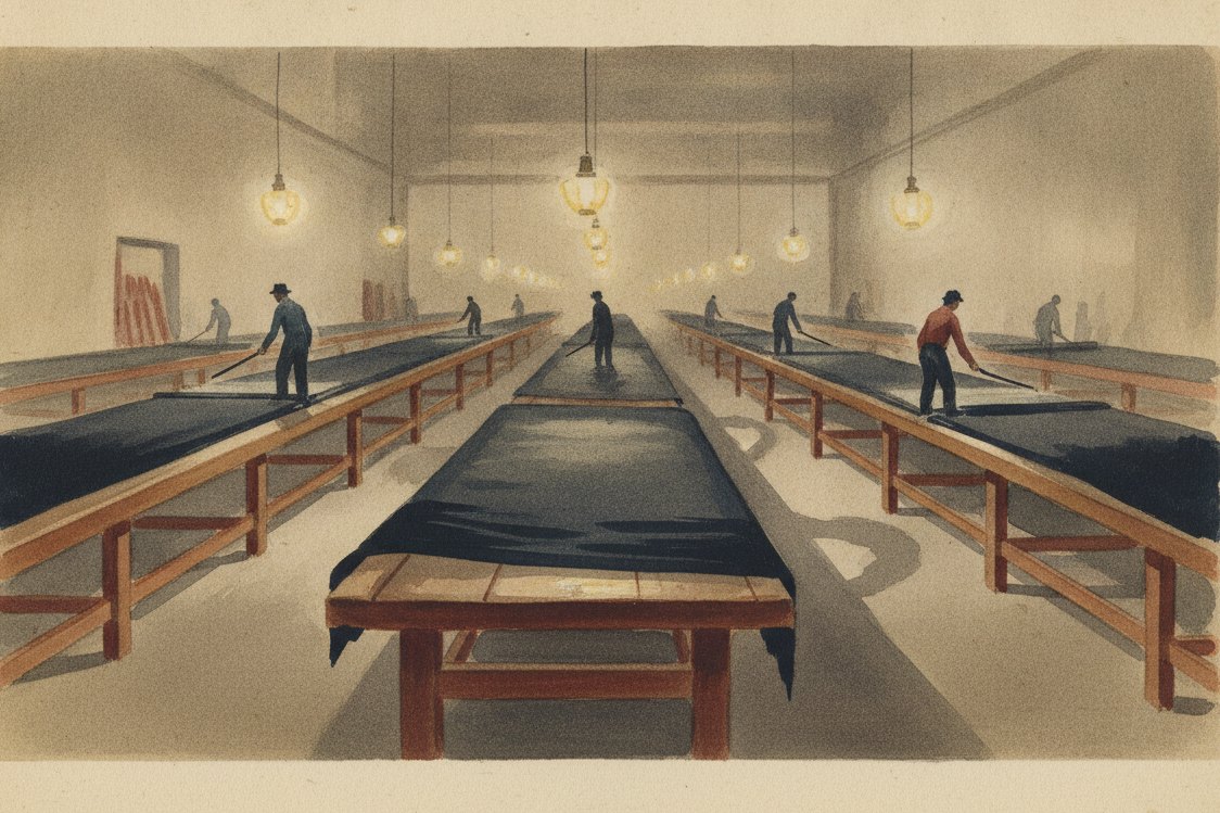 Illustration: a Lancashire fustian-cutting hall, immensely long tables with cloth stretched flat, cutters seen from behind walking the tables with long knives, gaslight