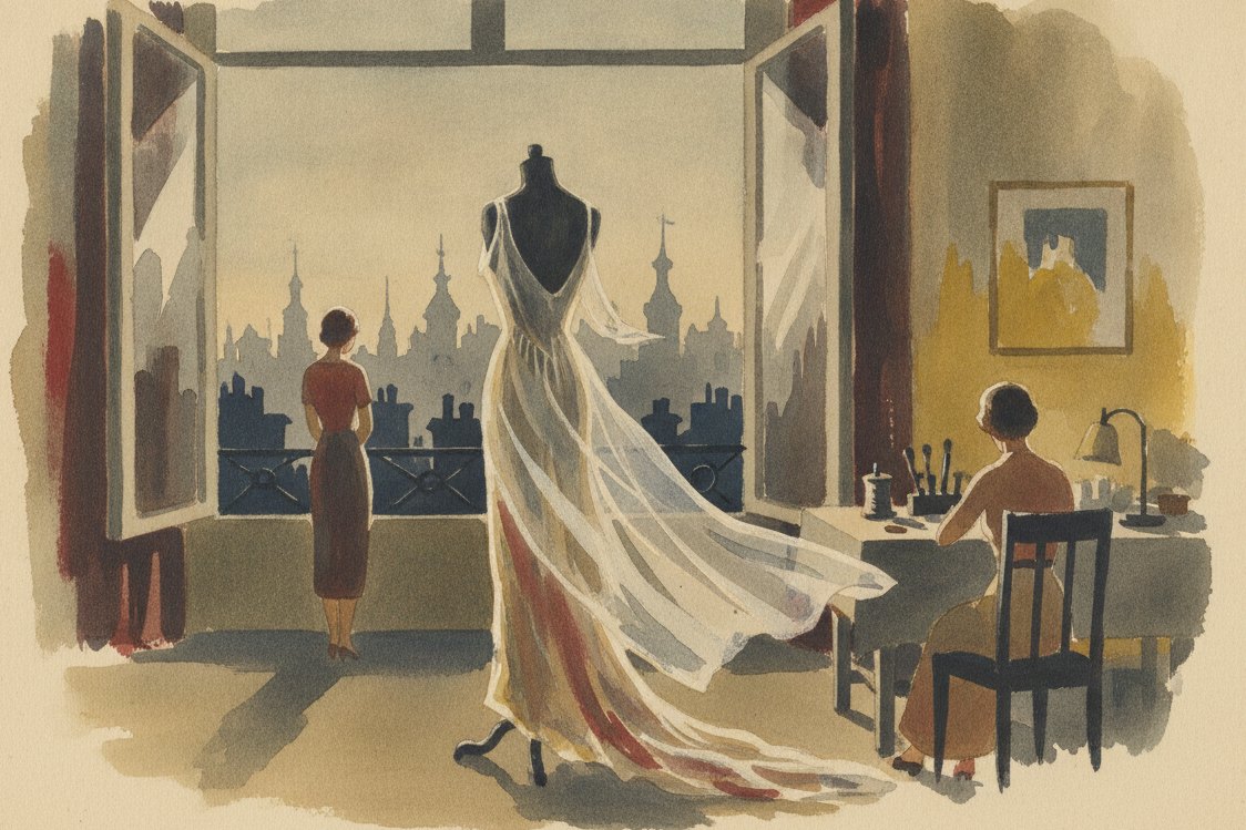 Illustration: a 1930s dressmaker atelier at dusk, a sheer bias-cut gown on a stand catching a breeze from an open window, city rooftops beyond