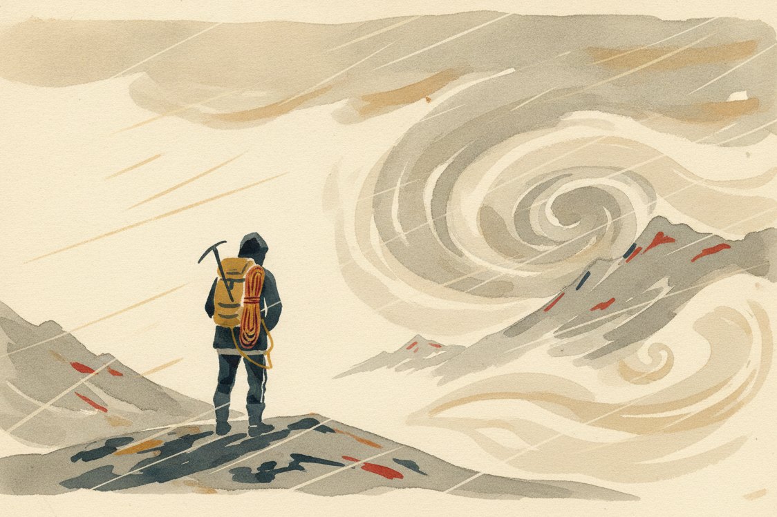 Illustration: a mountaineer in a hooded waterproof shell seen from behind on a storm-lashed alpine ridge, rain driving sideways, a coiled rope and ice axe, grey peaks vanishing into cloud