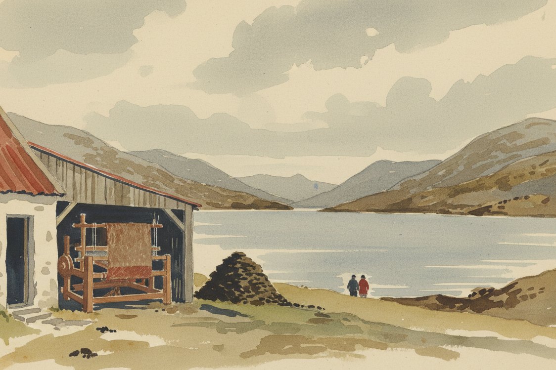 Illustration: a weaver's shed beside a croft house in the Outer Hebrides, a treadle loom with heathered brown cloth in progress, peat stack by the door, sea loch and hills beyond