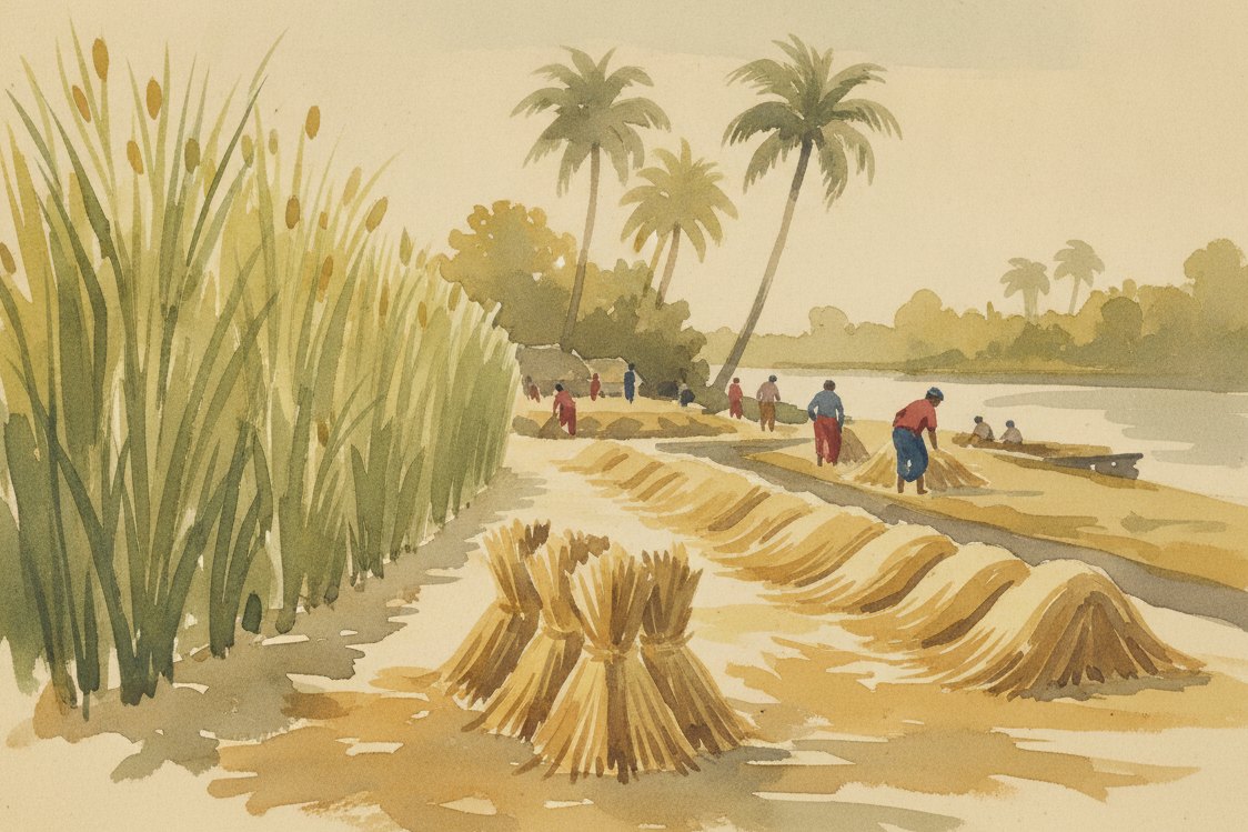 Illustration: a jute field and processing yard in the Ganges delta of Bengal, tall green stalks and bundles of golden retted fiber laid out to dry in the sun, workers as distant figures by a river landing, palms beyond