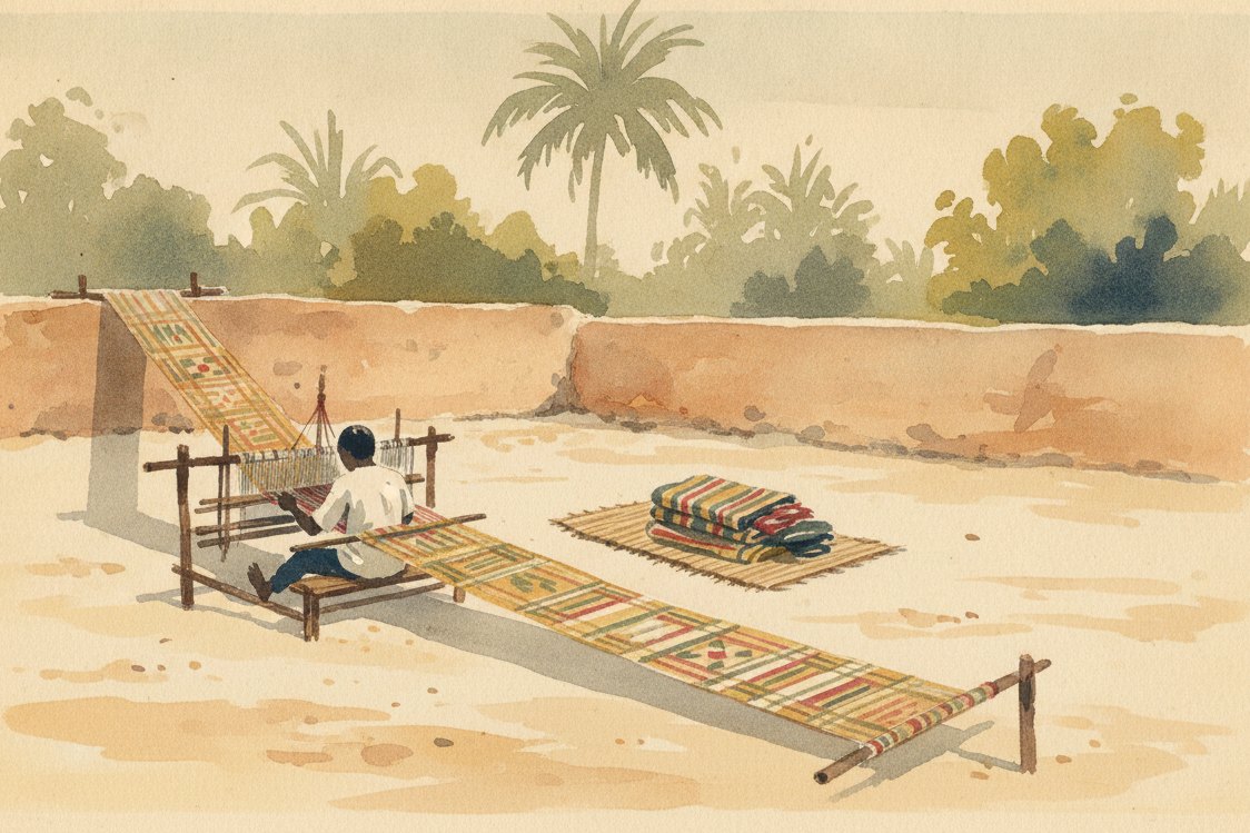 Illustration: a weaver at a narrow strip loom in Bonwire, Ghana, long handwoven kente strips in gold, green, and red stretched out across the yard to a peg, finished folded cloth nearby, a weaver seen from behind, palms and a clay wall beyond in warm light
