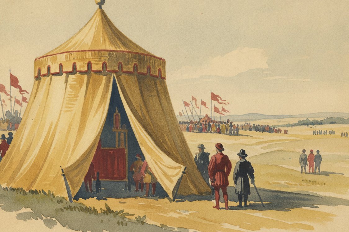 Illustration: a Renaissance ceremonial tent of gold-woven cloth catching the sun, banners and distant figures of a royal retinue, a field encampment