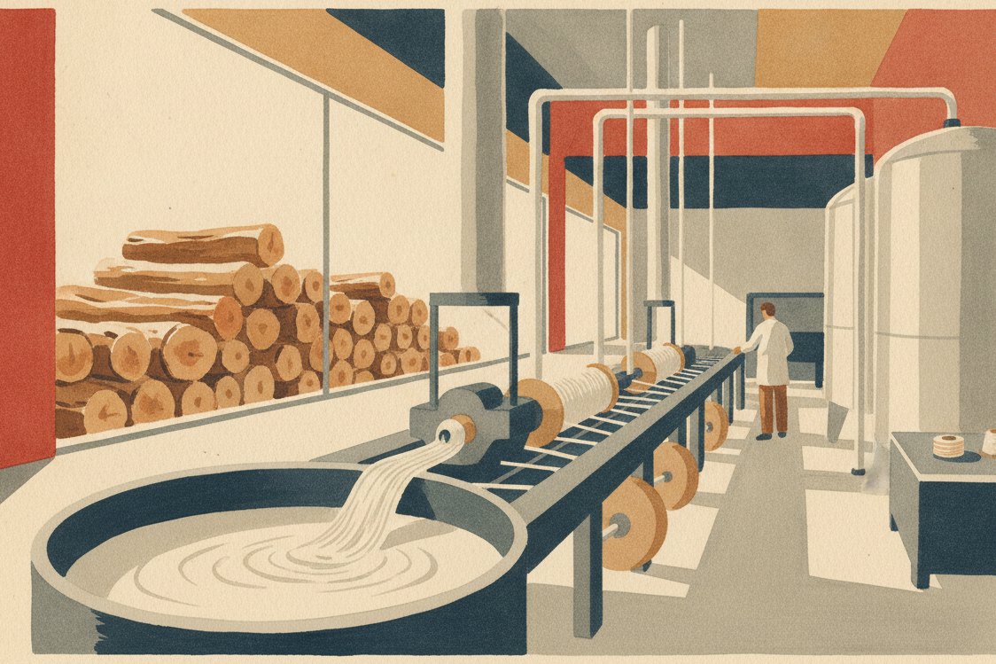Illustration: a modern eco textile mill, a closed-loop spinning line drawing fine pale filament from a vat, tall stainless tanks and clean piping, eucalyptus logs stacked outside a window, a technician at a distance
