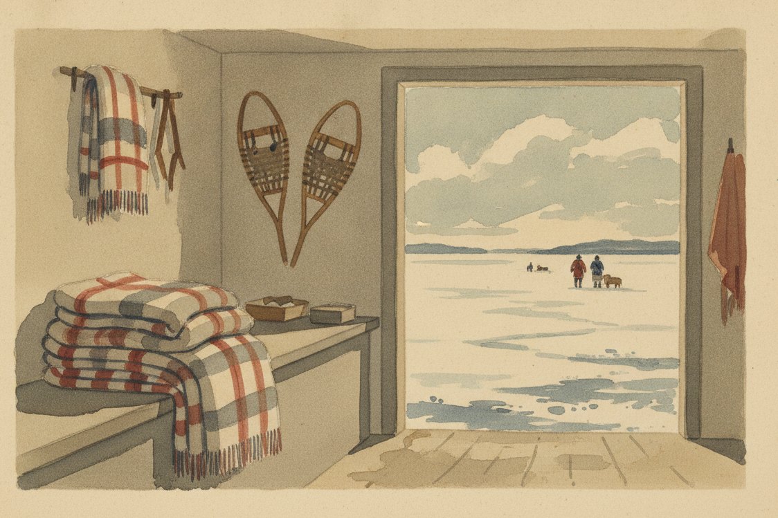 Illustration: a Great Lakes trading post in 1811, heavy checked blankets stacked on a counter, snowshoes on the wall, a frozen strait through the doorway