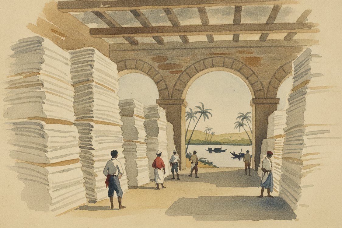 Illustration: an East India Company cloth godown on the Godavari delta around 1800, bales of folded white cotton stacked high under timber beams, a clerk and porters as small distant figures, palms and a river landing beyond the open arches