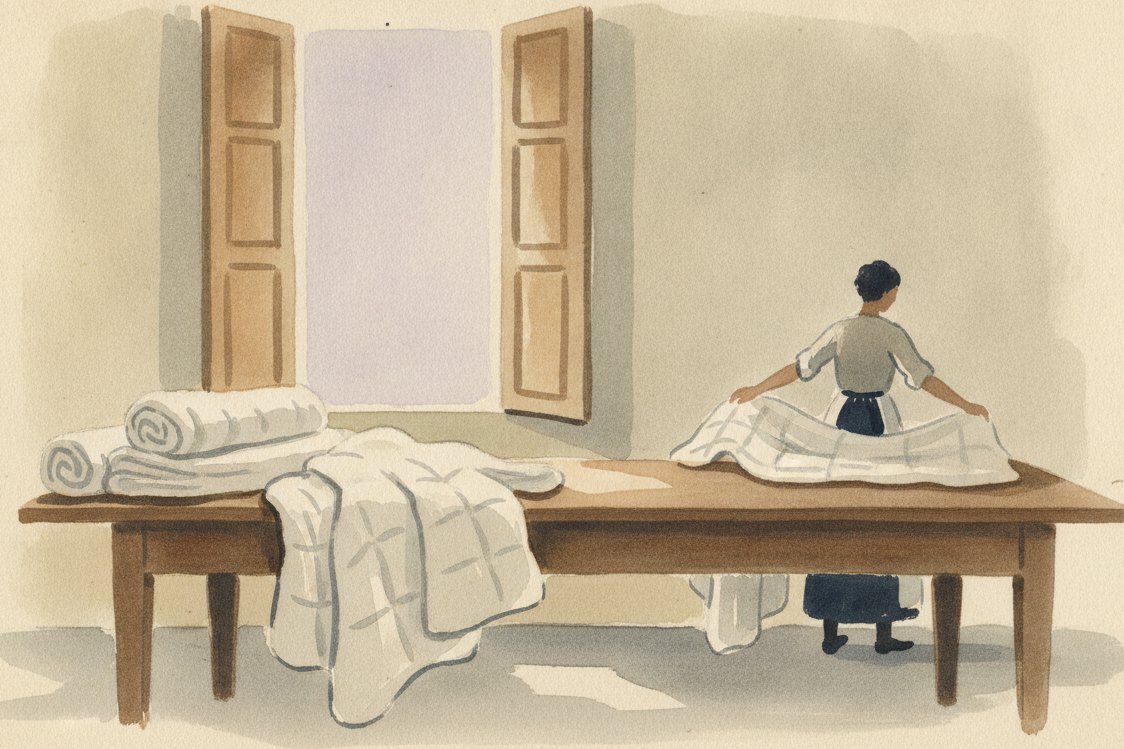 Illustration: a Provencal sewing atelier in the south of France, bolts of soft white quilted cloth folded on a long table by tall shuttered windows, a seamstress at a distance smoothing a length, lavender light