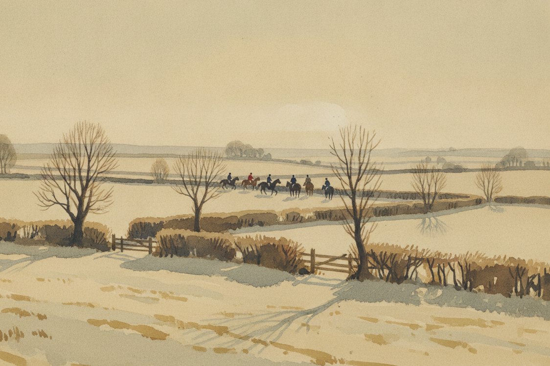 Illustration: a fox hunt setting out across frosty Leicestershire fields near Melton Mowbray in the early 1800s, riders in dark coats as distant silhouettes on horseback, bare hedgerows and a pale low winter sun