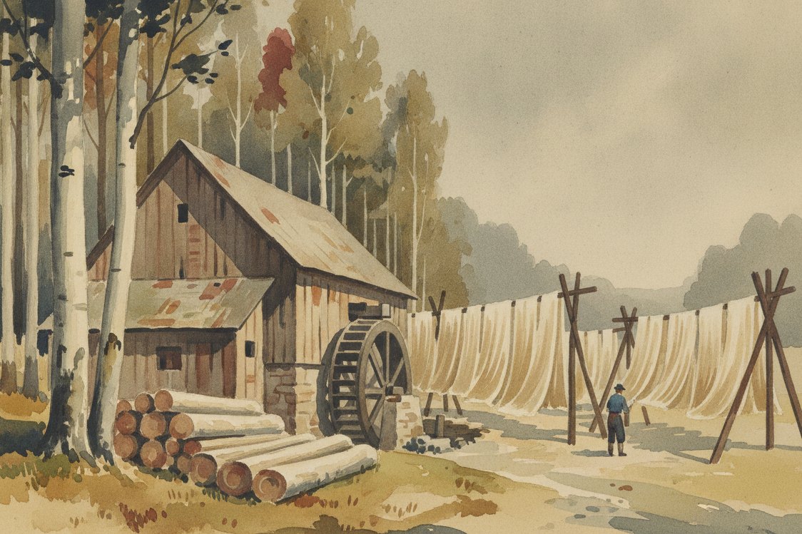 Illustration: a beech forest at the edge of a textile works in central Europe, pale logs stacked by a mill building, skeins of silky fiber drying on racks, a worker as a small distant figure, soft overcast light