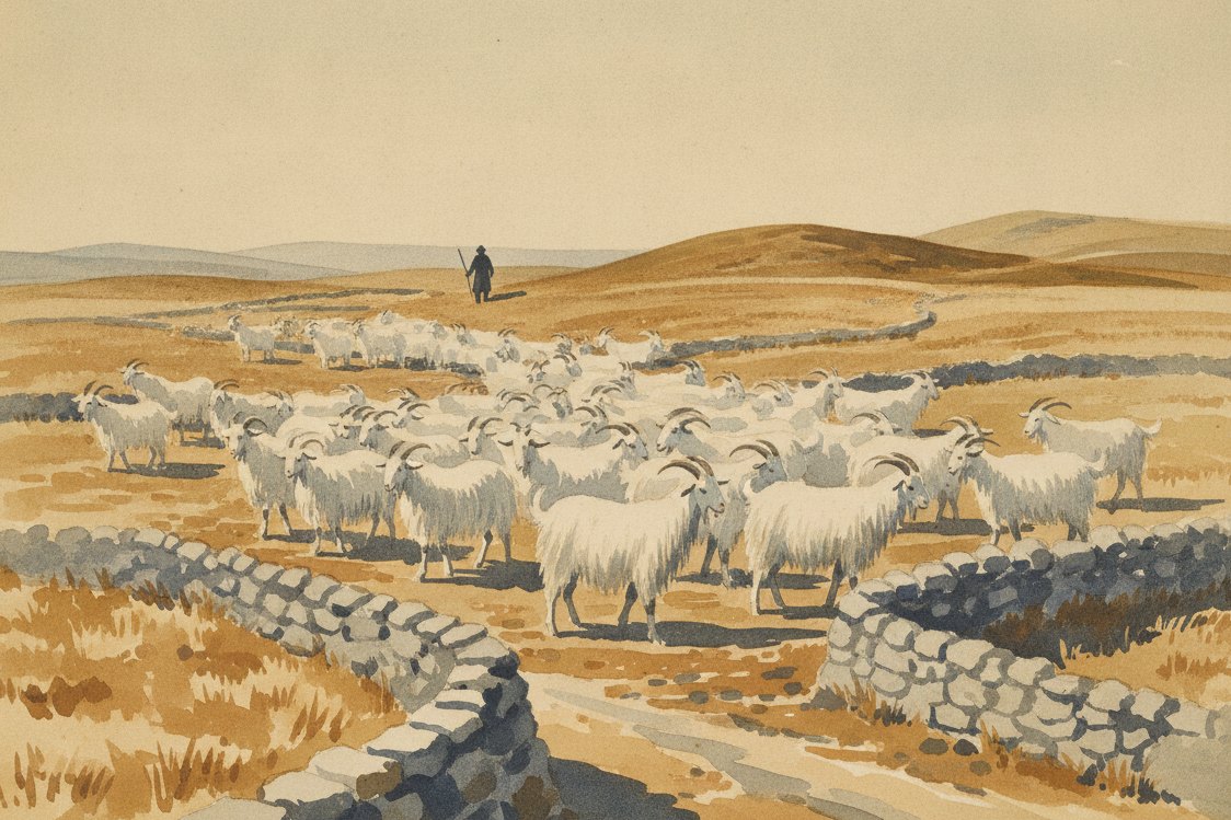 Illustration: a flock of Angora goats with long lustrous white coats on the dry Anatolian plateau near Ankara in the late 1800s, a herder as a small distant figure with a staff, low stone walls and parched hills, strong clear light