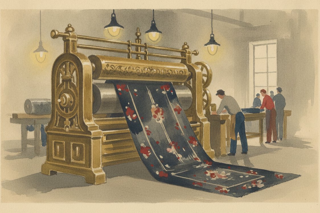 Illustration: a French silk-finishing workshop, a length of dark watered silk emerging from a great engraved calender roller, brass machinery, gaslight