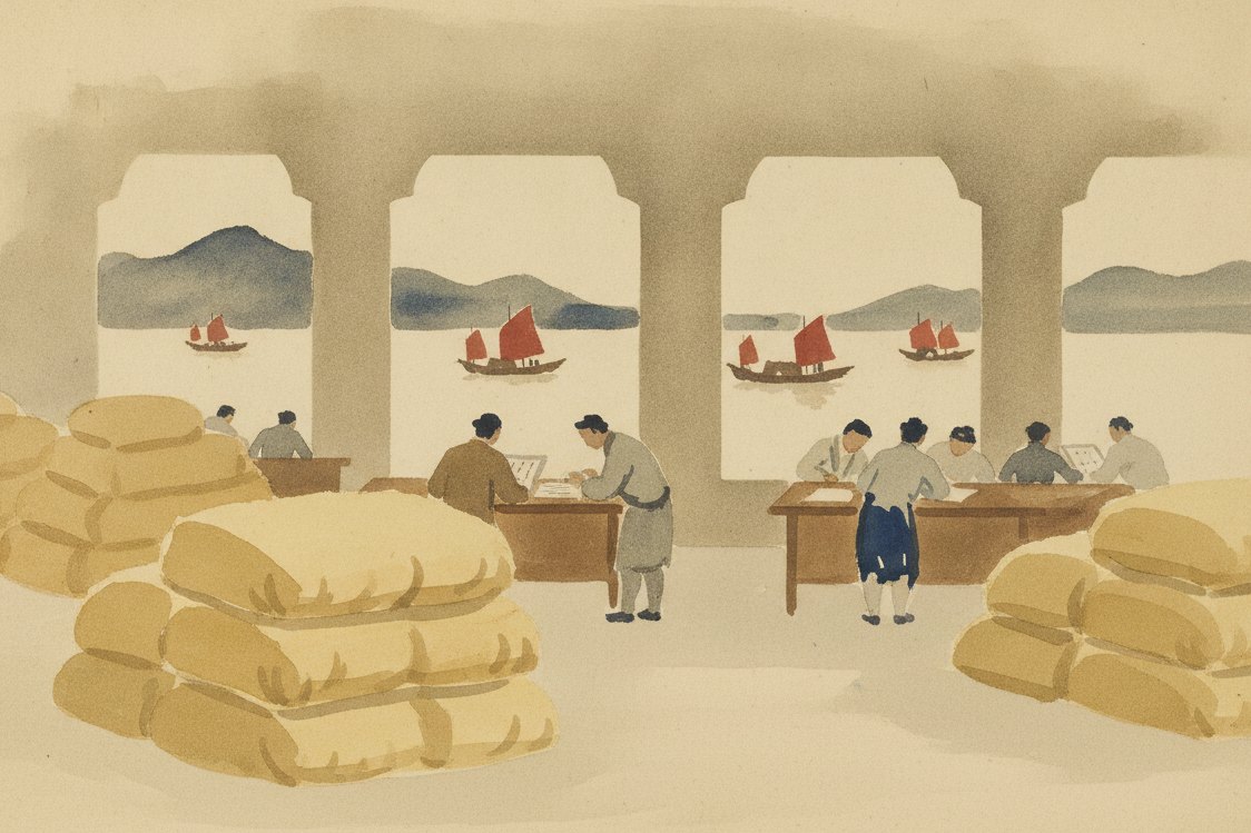 Illustration: a Canton trading hong in the 1700s, bales of buff yellow cotton stacked for export, clerks at a distance with ledgers, junks on the river through the windows