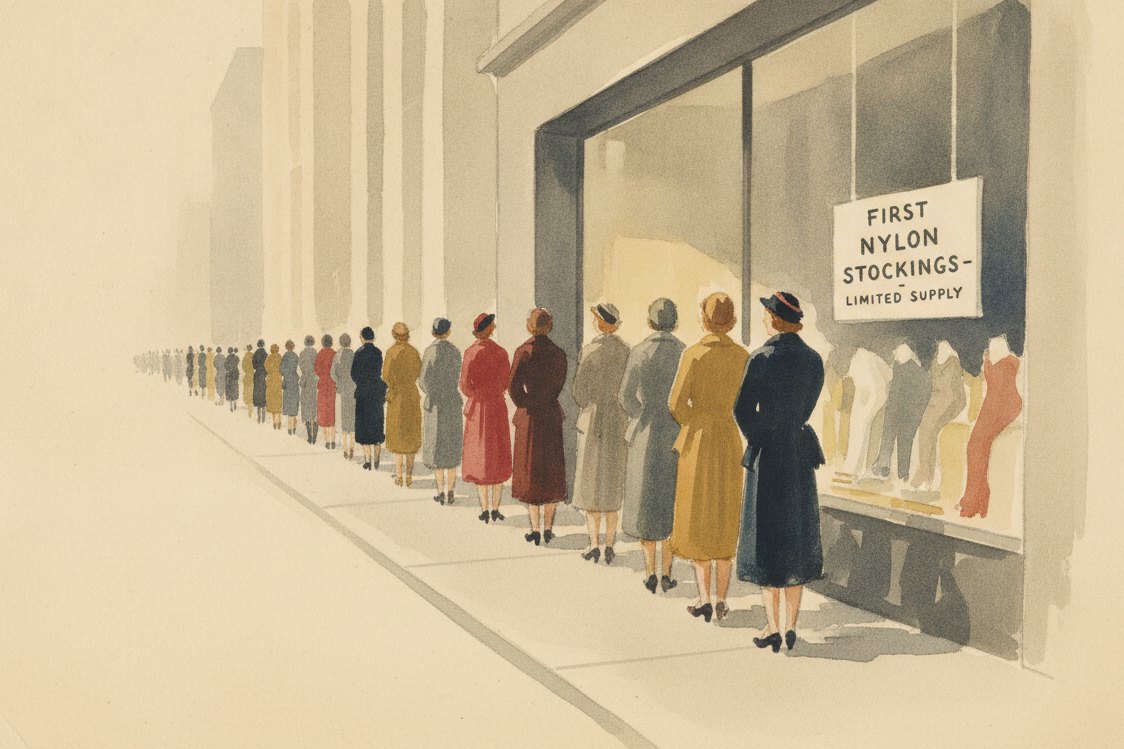 Illustration: a crowd of women in period coats and hats queuing along a city sidewalk outside a department store window in 1940 for the first nylon stockings, a hand-lettered sign in the glass, the figures seen from behind and at a distance