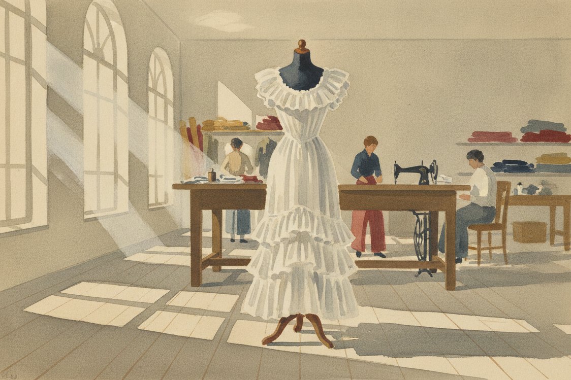 Illustration: a 1900s dressmakers workroom, a crisp sheer white summer dress with standing ruffles on a form, sunlight through tall windows