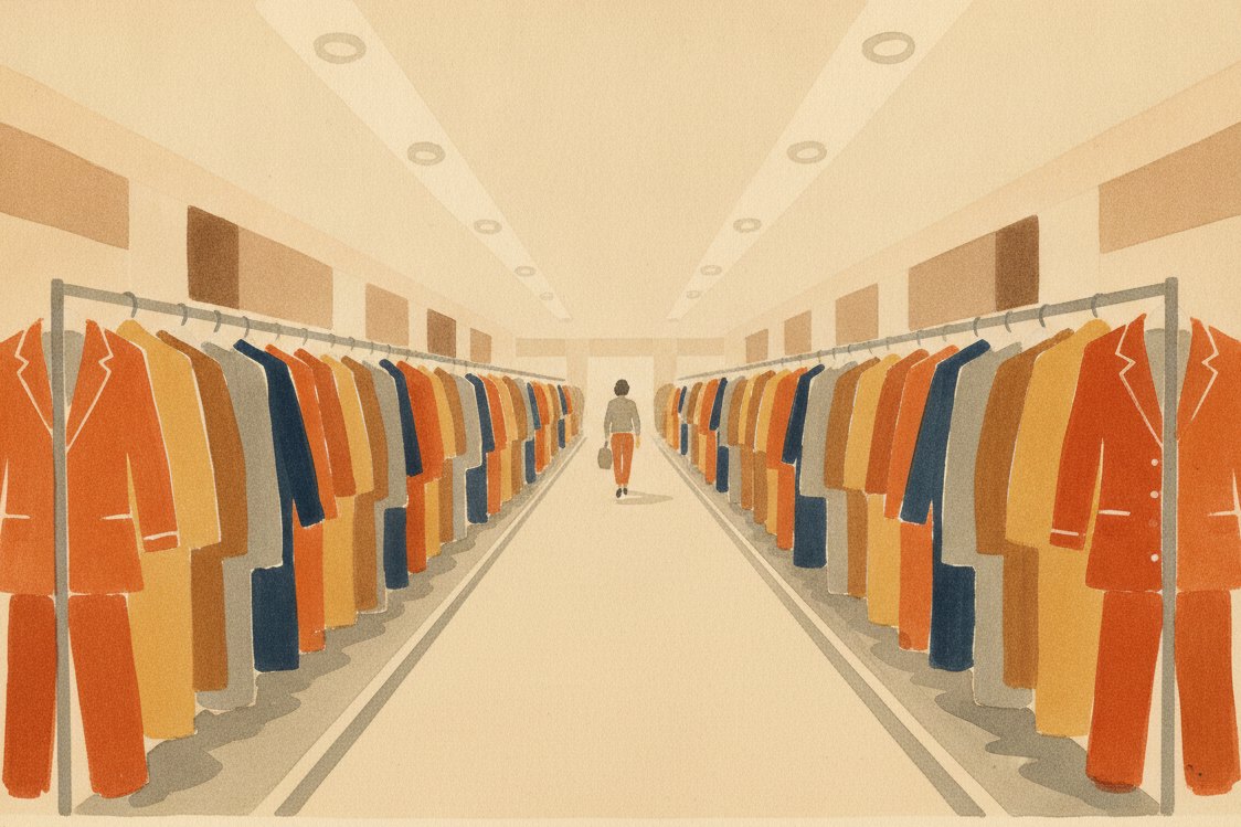 Illustration: a brightly lit department store in the 1970s, long racks of wash-and-wear double-knit leisure suits in bold oranges and browns, a single shopper as a distant figure, wide aisles and pale fluorescent light