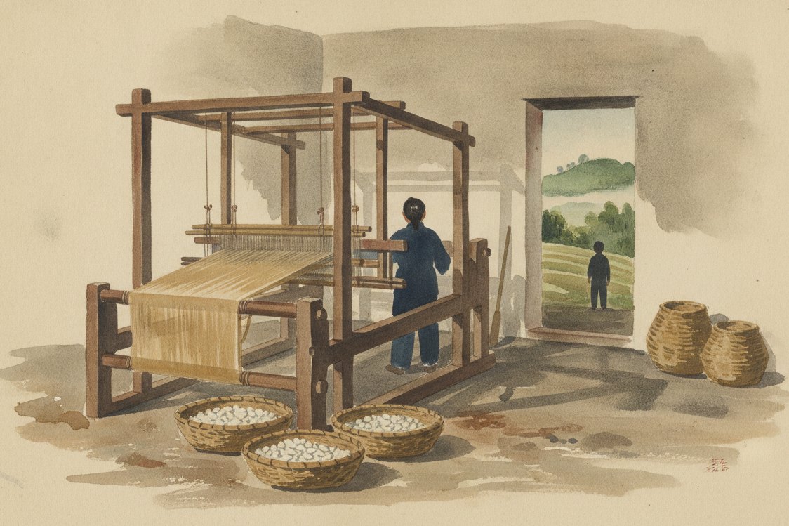 Illustration: a rural Chinese household with a handloom, undyed tan silk in progress, mulberry baskets, a doorway onto a green hillside