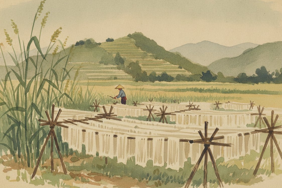 Illustration: a ramie field in rural East Asia, tall leafy stalks being cut and long pale bast strips laid out to dry on bamboo racks, a worker in a conical hat as a distant figure, green terraced hills beyond