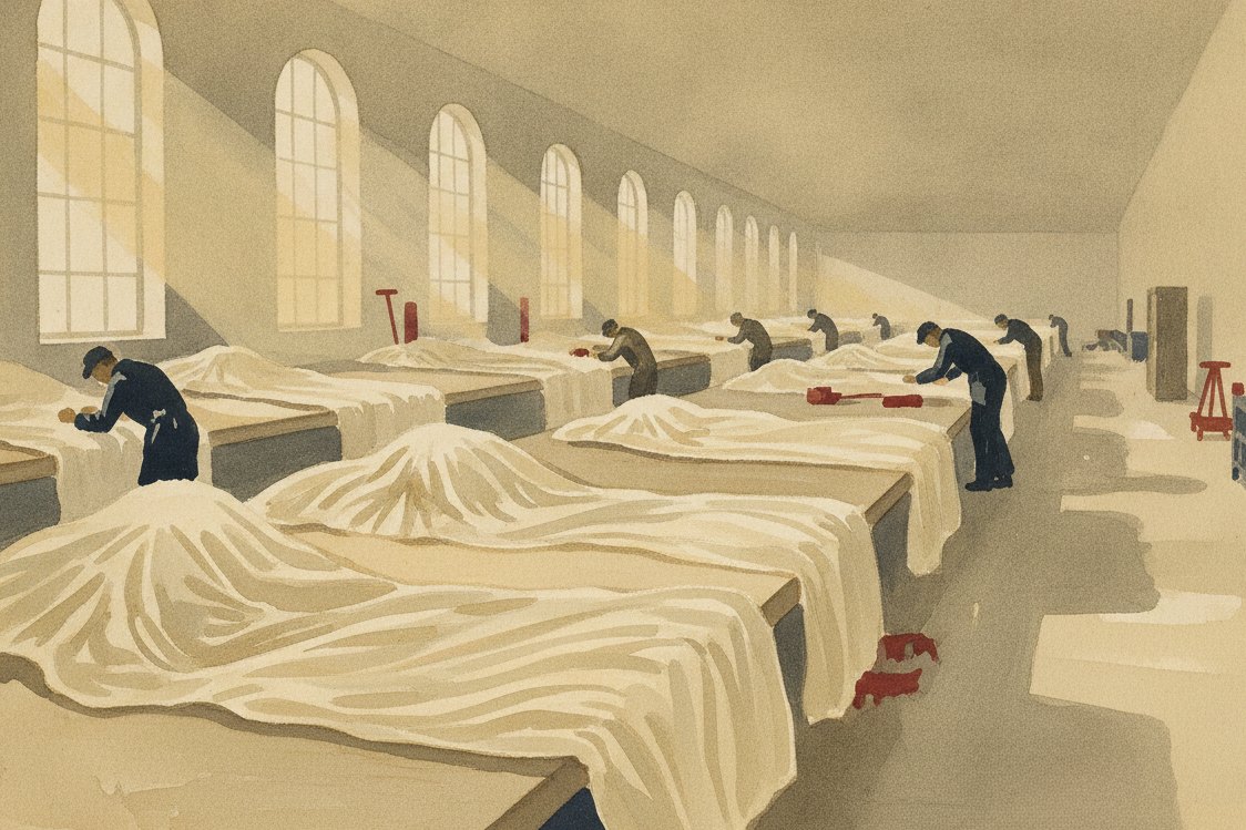 Illustration: a 1940s parachute-packing hall, vast pale nylon canopies billowing on long tables, riggers at a distance, high windows