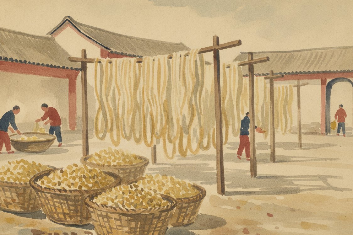 Illustration: a silk reeling workshop in Shandong province, baskets of wild cocoons, skeins of slubbed raw silk hung to dry, courtyard light