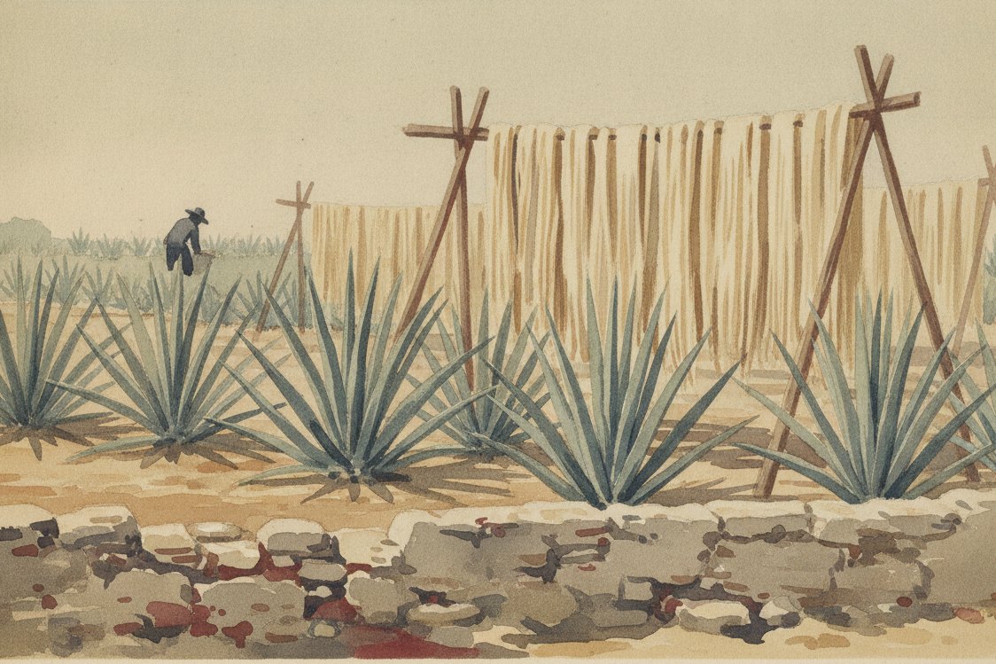Illustration: a sisal decortication yard on a dry Yucatan plantation, rows of spiky blue-green agave, pale stripped leaf fiber hung in long hanks to dry, a worker at a distance, hard bright sun and a low stone wall