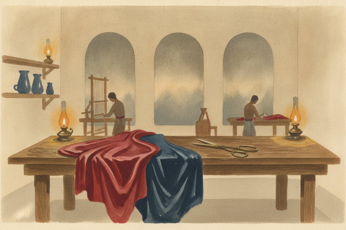 Illustration: a Persian court tailor's workshop, shot silk in red and deep blue thrown across a cutting table, brass shears, oil lamps, arched windows with evening light