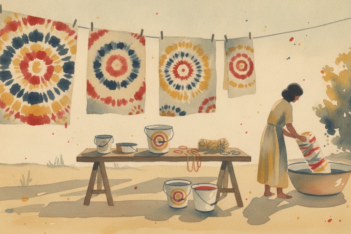 Illustration: a sunlit craft yard in late-1960s California, lengths of spiral-dyed cloth pegged on a line to dry in bright colors, enamel dye buckets and rubber bands on a trestle table, a figure seen from behind rinsing a bound bundle