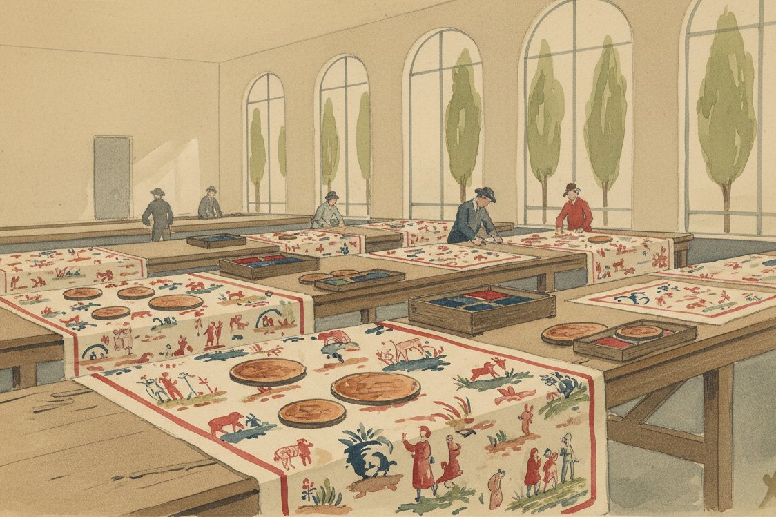 Illustration: the Oberkampf printworks at Jouy-en-Josas in the 1780s, long printing tables with lengths of cloth bearing pastoral vignettes, copper plates and dye troughs, poplar trees through the windows