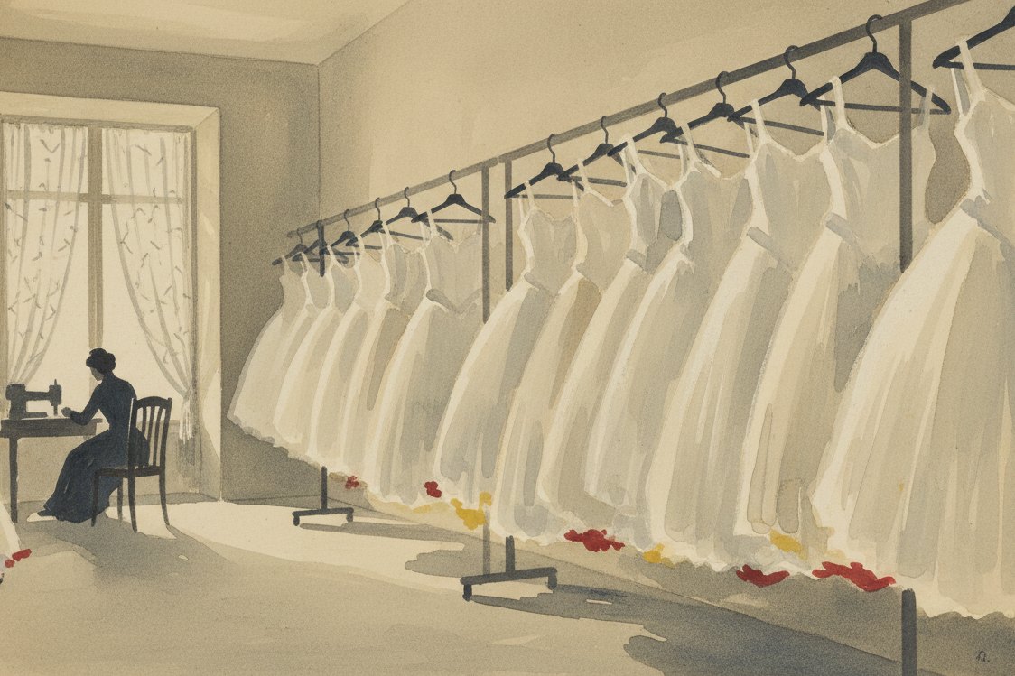 Illustration: a ballet company wardrobe room in the 1880s, layered white tutus hung in rows on high racks, a seamstress at a distance by a tall window, morning light through the net