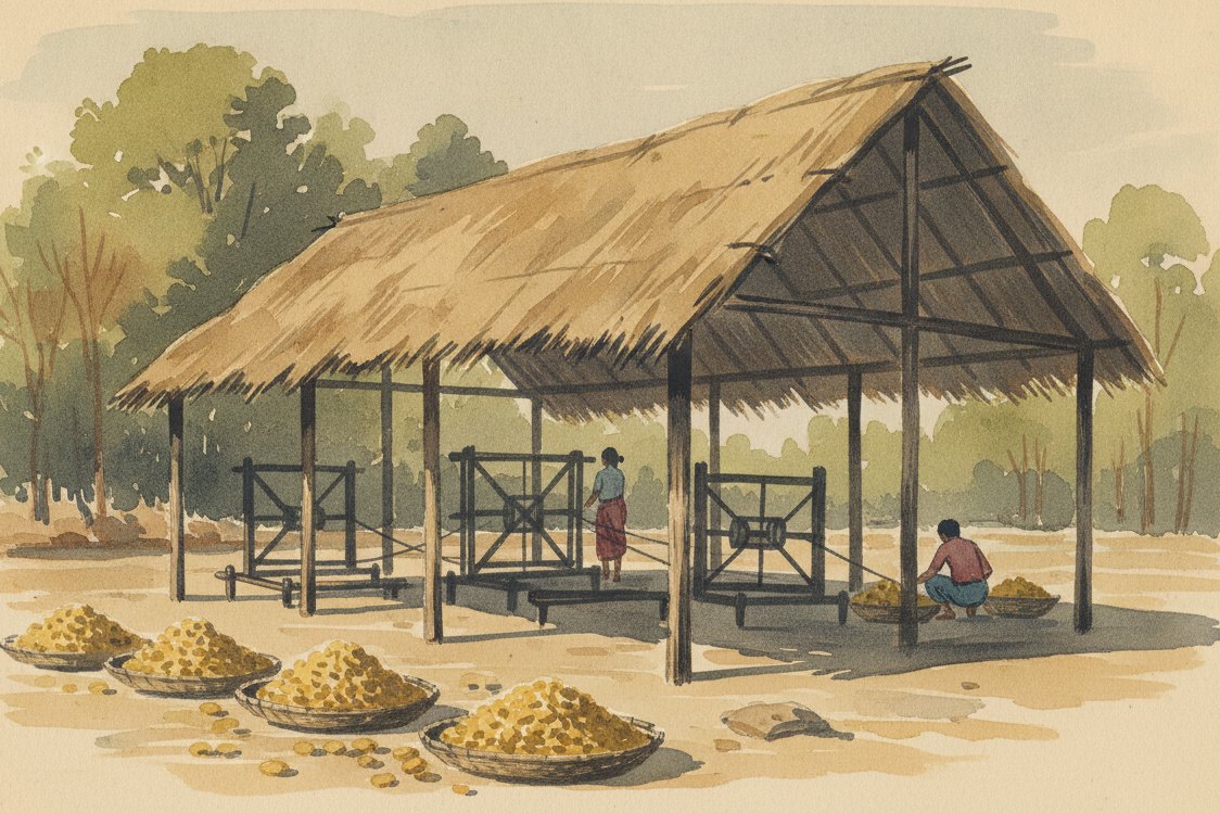 Illustration: a wild silk reeling yard in a forest village in eastern India around 1900, golden tasar cocoons heaped in shallow baskets, simple reeling frames under a thatched open shed, the forest edge beyond, two workers seen at a distance from behind