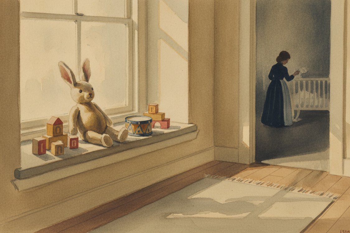 Illustration: a Victorian nursery window seat, a plush toy rabbit propped against the glass, wooden blocks and a tin drum, gentle afternoon light
