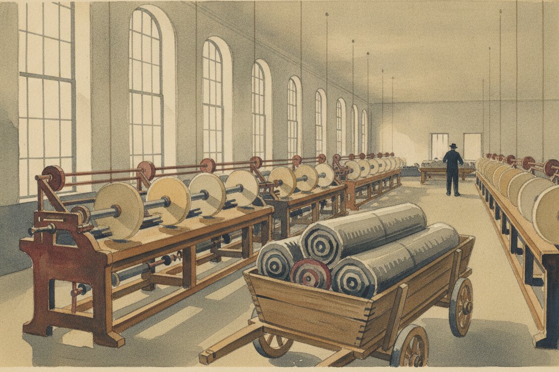 Illustration: a Yorkshire worsted mill in the 1880s, rows of spinning frames under tall windows, bolts of fine grey suiting on a cart, a mill hand at a distance